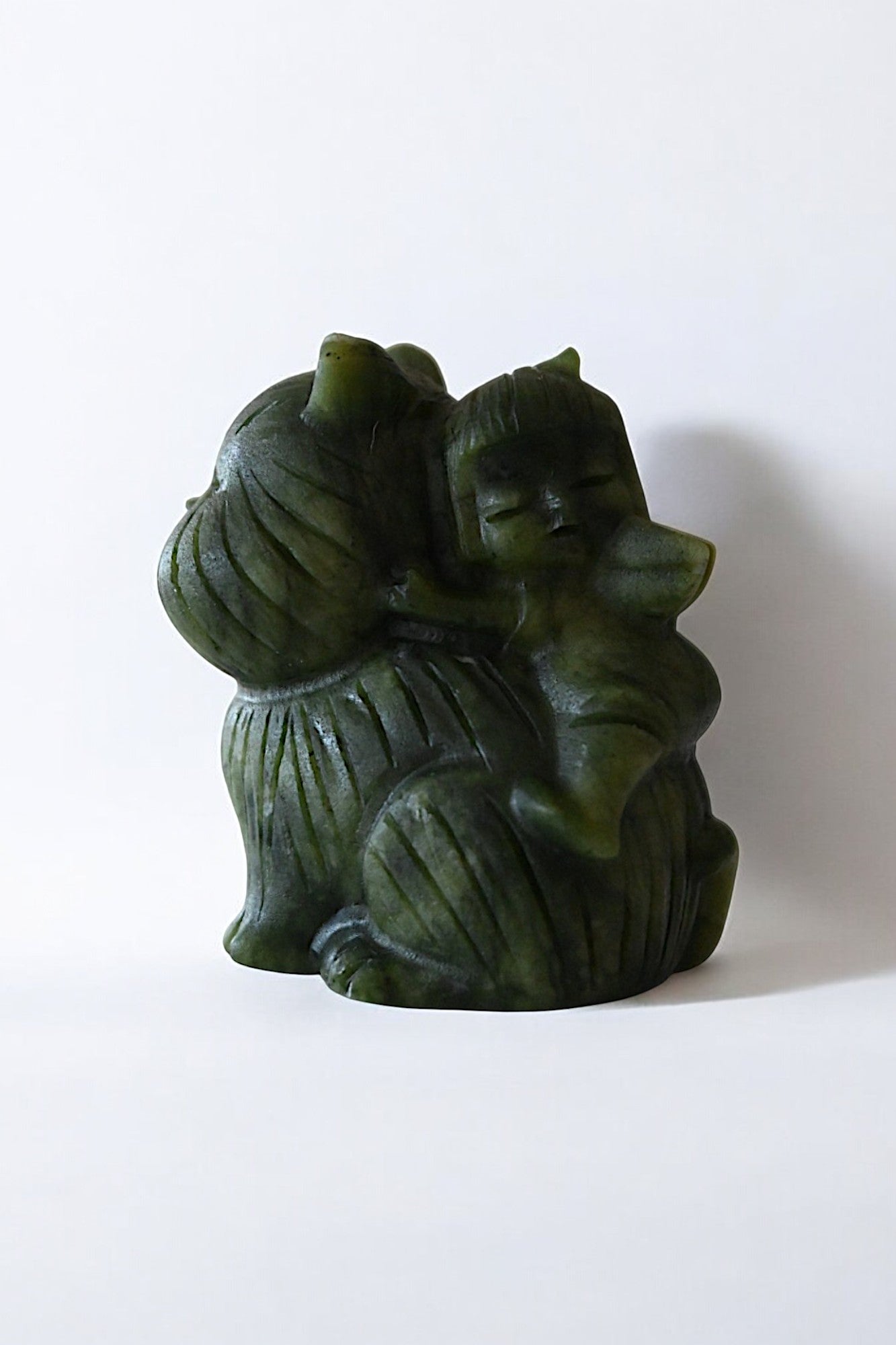 Chinese Green Jade Cat with Fairy Girl